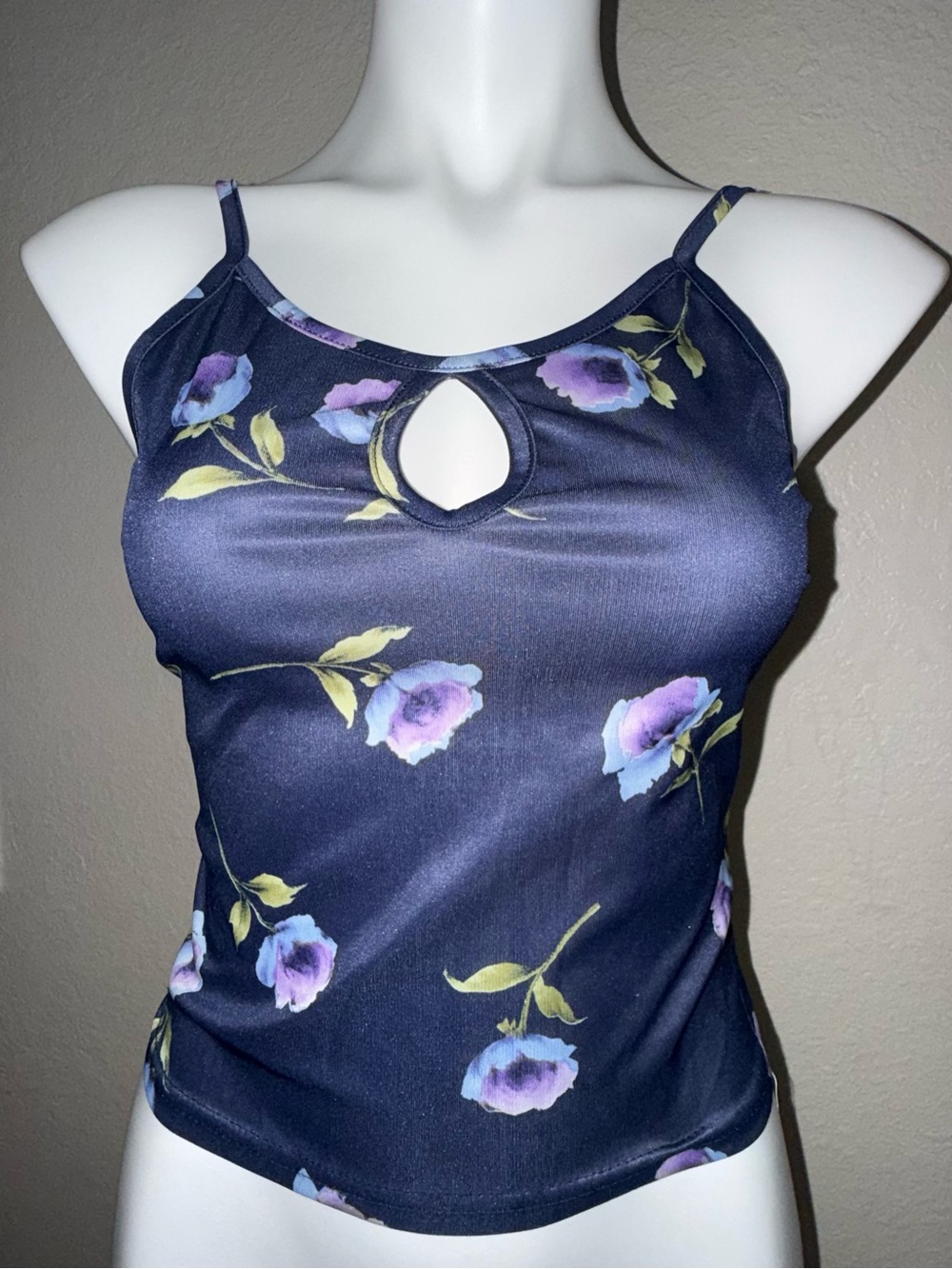 Restricted Navy Floral Keyhole Cami with Purple Blossoms